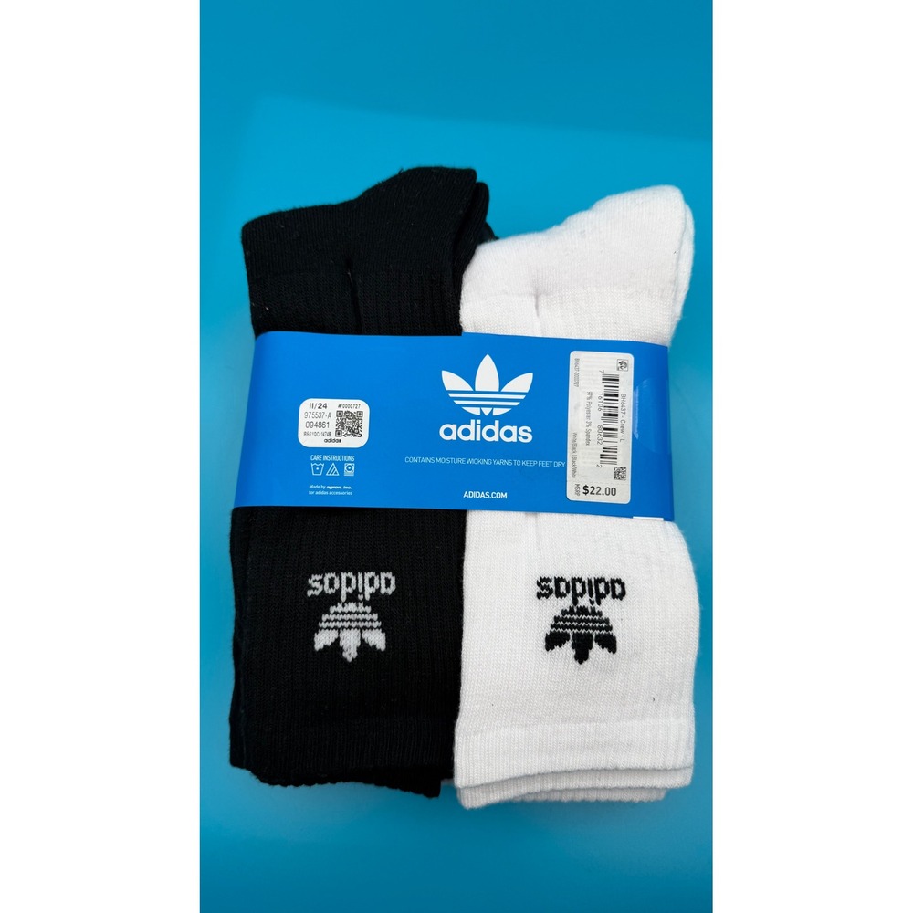 Adidas Crew Socks Unisex Large Black White NWT 6 Pair Pack BH6437 Trefoil Logo